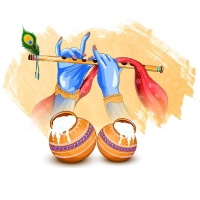 Illustration of Lord Krishna's blue hands playing a golden flute decorated with a peacock feather above two pots of butter. | PrintPosters.in